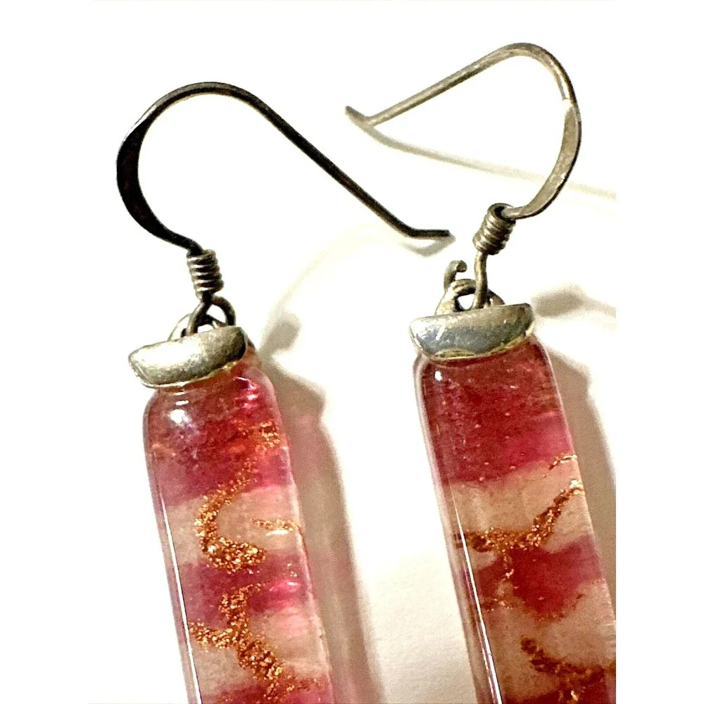 Artisan Lampwork Glass Bar Earrings Pink Gold Horizontal Stripe 925 Silver 1.5